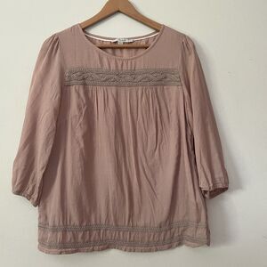 Boden Blouse Size 12 Mauve Pink Embroidered Trim Bohemian Peasant Cottagecore
